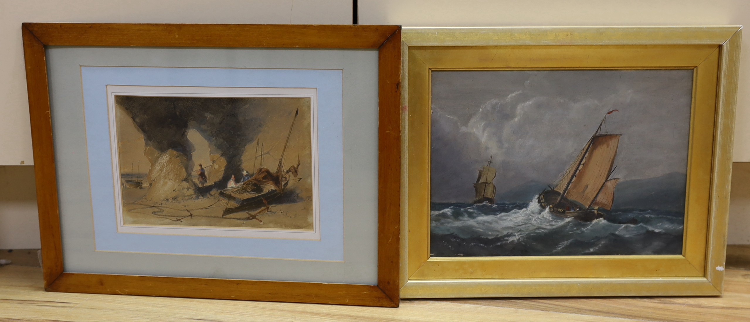 19th century English school, oil on board, Fishing boat at sea, 21 x 29cm and a watercolour of beached fishing boats, 15 x 22cm